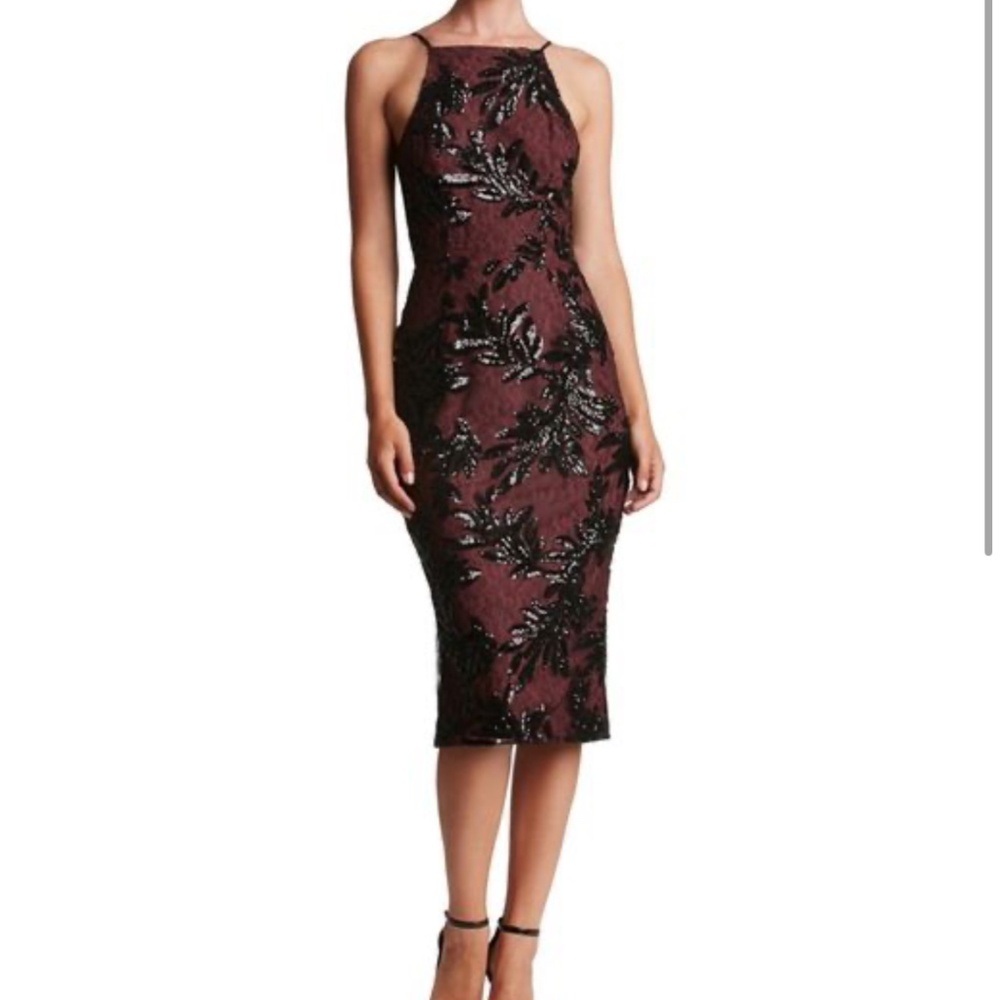 Dress the Population Burgundy Midi Sheath with Black Sequin Embellishment